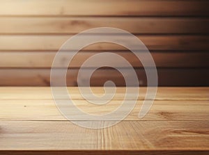 Wooden board empty table in front of blurred lighting background.