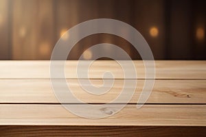 Wooden board empty table in front of blurred lighting background.