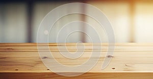 Wooden board empty table in front of blurred lighting background.