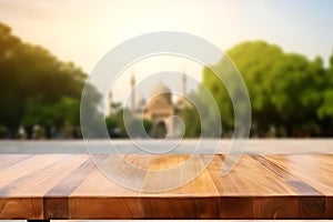 Wooden board empty table in front of blurred Mosque background.Generative AI