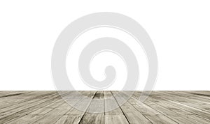 Wooden board empty table in front of isolate white background. Perspective brown wood over white background