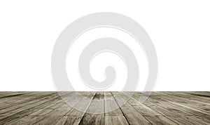 Wooden board empty table in front of isolate white background. Perspective brown wood over white background
