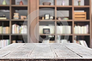 Wooden board empty table space platform in front of blurred library Of The background - can be used for display or montage your p