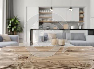 Wooden board empty Table Top And Blur Interior over blur in living room Background, Mock up for display of product.