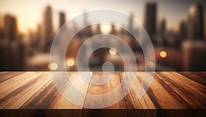 Wooden board empty table top blurred background. perspective brown wood table over blur city building view background.Generative