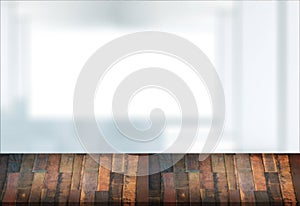 Wooden board empty table window blurred background can be used