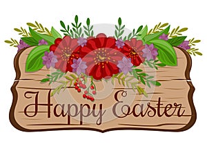 Wooden board with greeting inscription - Happy Easter. Easter ornament-flowers