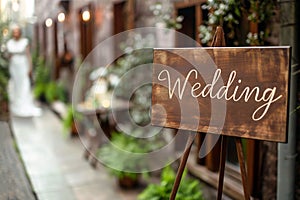 Wooden board with the inscription in paint Wedding. Sign for guests at the entrance, outdoors wedding ceremony decoration. Hand