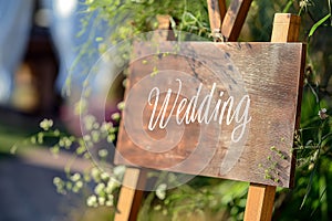 Wooden board with the inscription in paint Wedding. Sign for guests at the entrance, outdoors wedding ceremony decoration. Hand