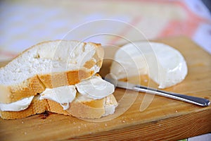 Wooden board with italian cheese and bread