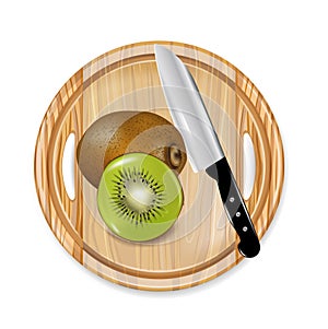 Wooden board with kiwi fruit and knife