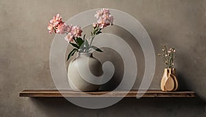 wooden board on old wall, vase with flower