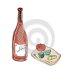 A wooden board with picnic food and a bottle of red wine.Edam cheese, apple, kiwi. a sketch with fruit and cheese,which