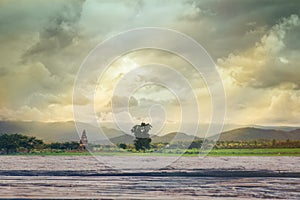 Wooden board and rice field at sunset