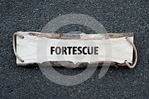 Wooden board on small pebbles on which the word FORTESCUE is shown