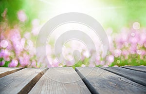 Wooden Board With Sunny Erica Flower Field As Background