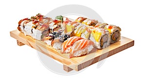 Wooden board of sushi food isolated on white background