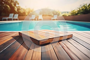wooden board on swimming pool deck product display mock up ai generated
