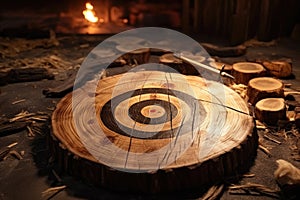 Wooden board with a target for throwing an axe and playing darts