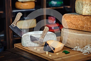 A wooden board with various kinds of tasty cheese on the table w