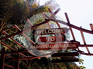 Wooden board Welcome to Radhanagar Beach at Havelock Island Andman Nicobar islands