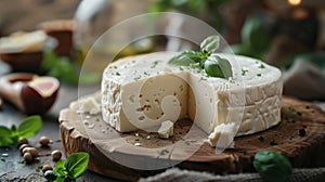 Wooden board with white cheese and basil on kitchen background. Piece of parmesan cheese on a wooden board. Concept of healthy