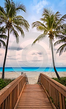 Wooden boardwalk access to Hollywood beach, Florida. photo