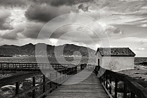 Wooden boardwalk along the beach in Isla Plana village