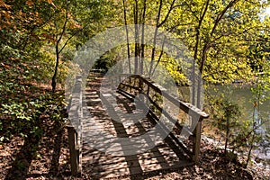 Wooden Boardwalk along a Lake in Autumn