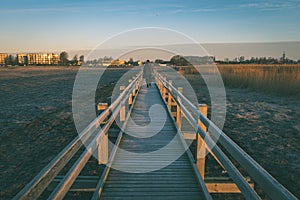 wooden boardwalk with bird watch tower in early morning - vintage green look