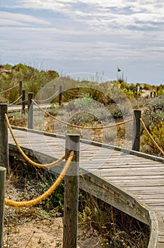 Wooden boardwalk in the dunes leading to the sandy beach, the pa