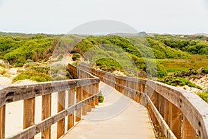 Wooden Boardwalk through the Dunes. Oso Flaco Lake Natural Area, Oceano, California photo