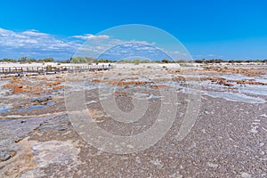 Wooden boardwalk at Hamelin pool used for view at stromatolites, Australia