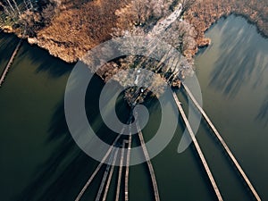 Wooden boardwalk on lake, drone shot.