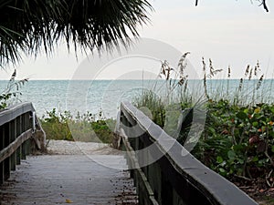 Wooden boardwalk leading to beach