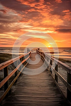 Wooden boardwalk leading to sunset over ocean