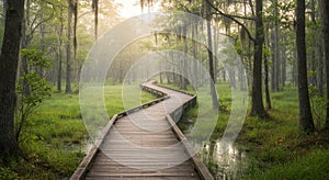 Wooden Boardwalk Through Misty Swamp Forest