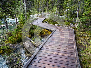 Wooden boardwalk at Morraine Lake, Banff National Park