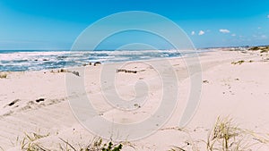 Wooden boardwalk at the Praia da Frente Azul, in english the blue beach front in the seaside resort Espinho photo