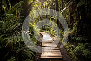 Wooden boardwalk winding through a lush green rainforest. Generative AI