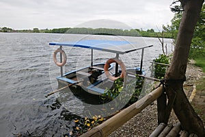 Wooden boat with engine on the edge of the swamp