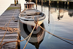 wooden boat floating near dock with mooring ropes