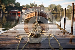wooden boat floating near dock with mooring ropes