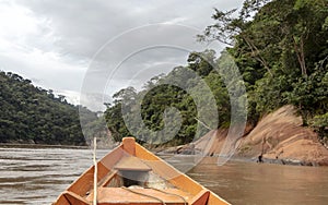 Wooden boat front and green jungle landscape, sailing in the muddy water of the Beni river, Amazonian rainforest, Bolivia
