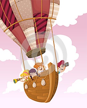 Wooden boat on a hot air balloon flying on the sky