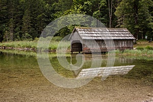 wooden boat house, lake Toplitzsee view, austria