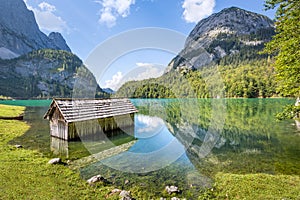 Wooden boat hut at Gosau lake in Summer, Upper Austria