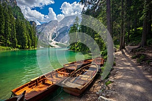 Wooden boat at lake Braies, Southern Tyrol, Dolomites, Italy