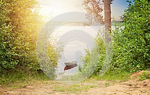 Wooden Boat On The Lake. Morning nature before fishing