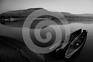 Wooden boat at Mekong river, Thailand (black and white tone)